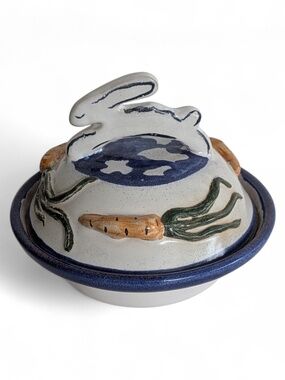 Studio Pottery lidded cheese dish Bunny Handle Ceramic Easter decor carrot
